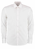 A white KK192 long-sleeve button-down shirt with a pointed collar by Kustom Kit, displayed against a white background.