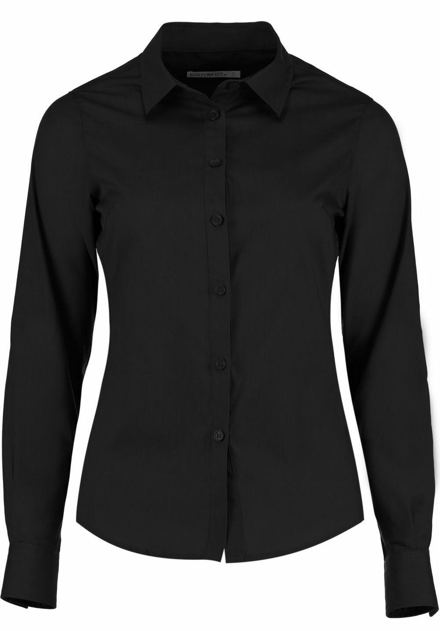 Kustom Kit's KK242, a black long-sleeve button-up shirt with a collar, displayed on a white background.