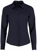 Product KK242 by Kustom Kit, a navy blue long-sleeve button-up shirt with a collar, is displayed on a white background.