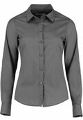 Product KK242 by Kustom Kit, a grey collared long-sleeve button-up shirt, is displayed against a plain white background.