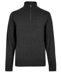 A dark grey knitted jumper with long sleeves, a half-zip collar, and ribbed cuffs and hem is displayed against a plain white background.