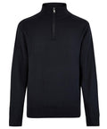 The Knitted Jumpers is a black long-sleeve jumper with a stand-up collar, half-zip front, and ribbed hem and cuffs.