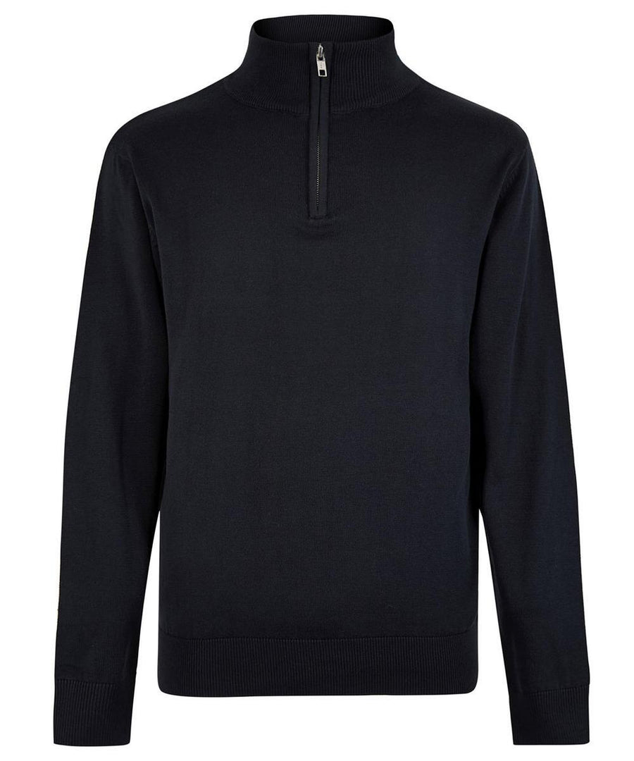 The Knitted Jumpers is a black long-sleeve jumper with a stand-up collar, half-zip front, and ribbed hem and cuffs.
