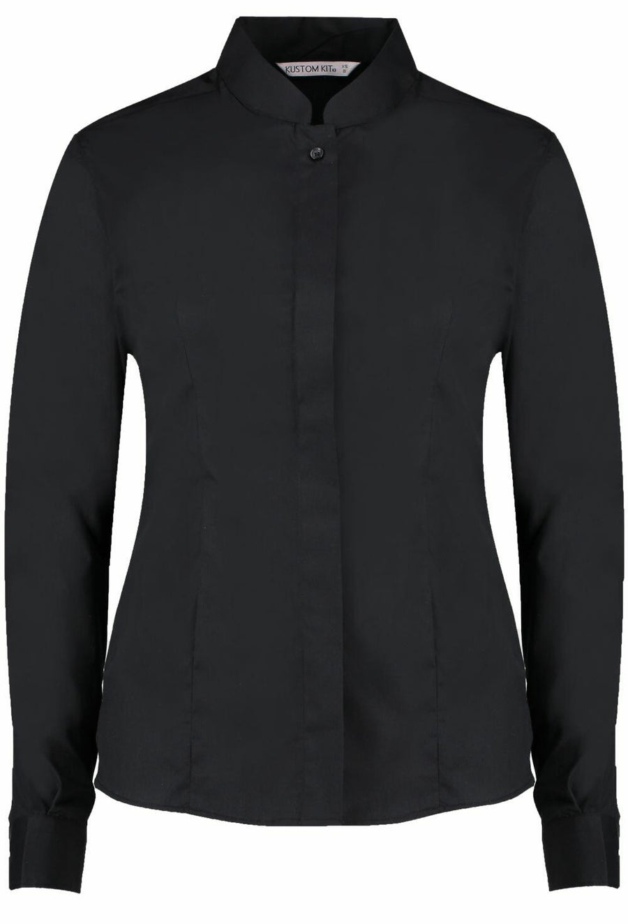 A black long-sleeve button-up shirt with a mandarin collar from the Kustom Kit collection, model KK261.