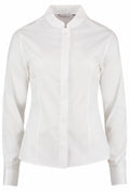 The KK261 by Kustom Kit is a white long-sleeve shirt featuring a button-up design and a collar, showcased against a plain background.