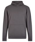 A dark grey, long-sleeved hoodie sweatshirt with a hood and front kangaroo pocket is shown against a white background.