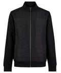 A black zip-up sweatshirt with a quilted padded front, smooth sleeves and back, features a stand-up collar and side pockets.