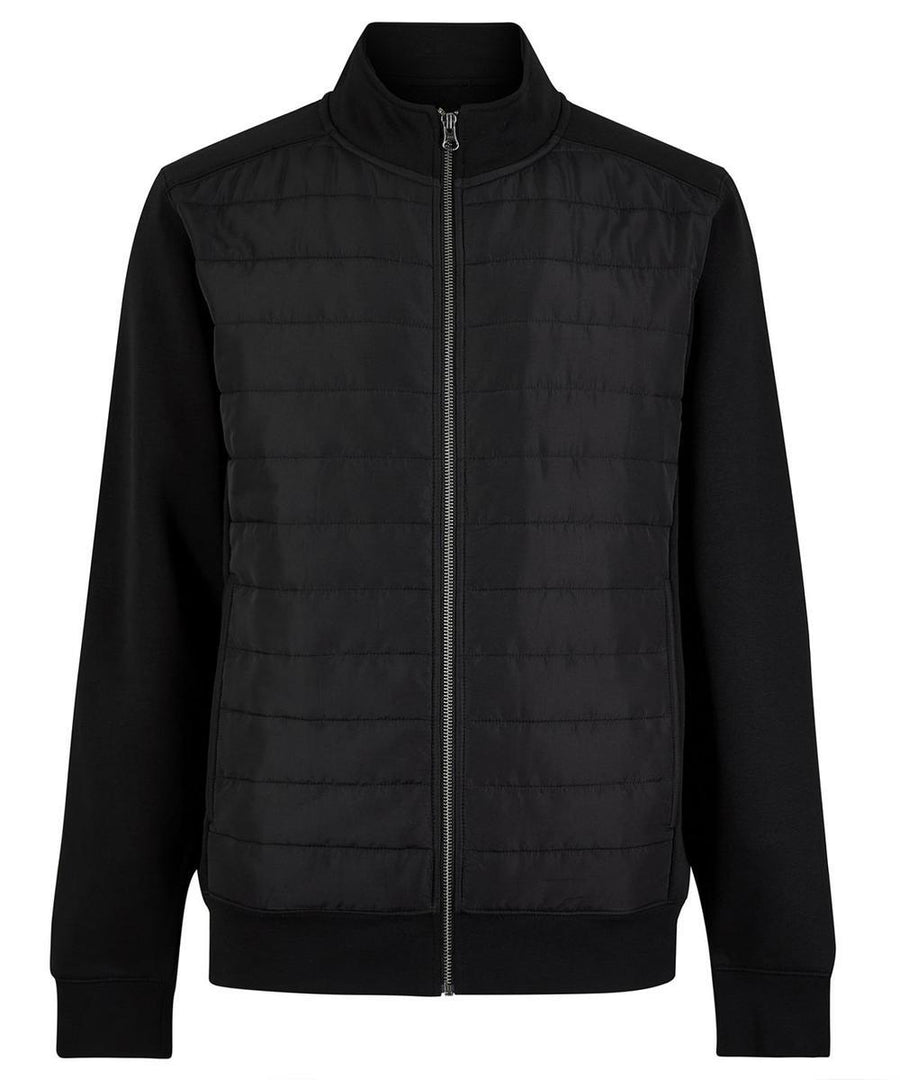 A black zip-up sweatshirt with a quilted padded front, smooth sleeves and back, features a stand-up collar and side pockets.