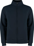 Product KK334 by Kustom Kit is a black zip-up jacket featuring a high collar, two side pockets, and a minimalist design with no visible logos or embellishments. Its smooth fabric suggests a comfortable, casual style.