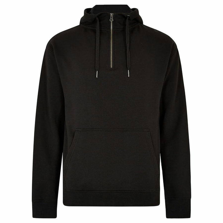 The KK336 from Kustom Kit is a black pullover hoodie featuring a front zipper, drawstrings, and a spacious front pocket.