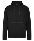 The Hoodies product is a black hooded sweatshirt featuring a front kangaroo pocket with a horizontal zip detail, drawstrings, and long sleeves.
