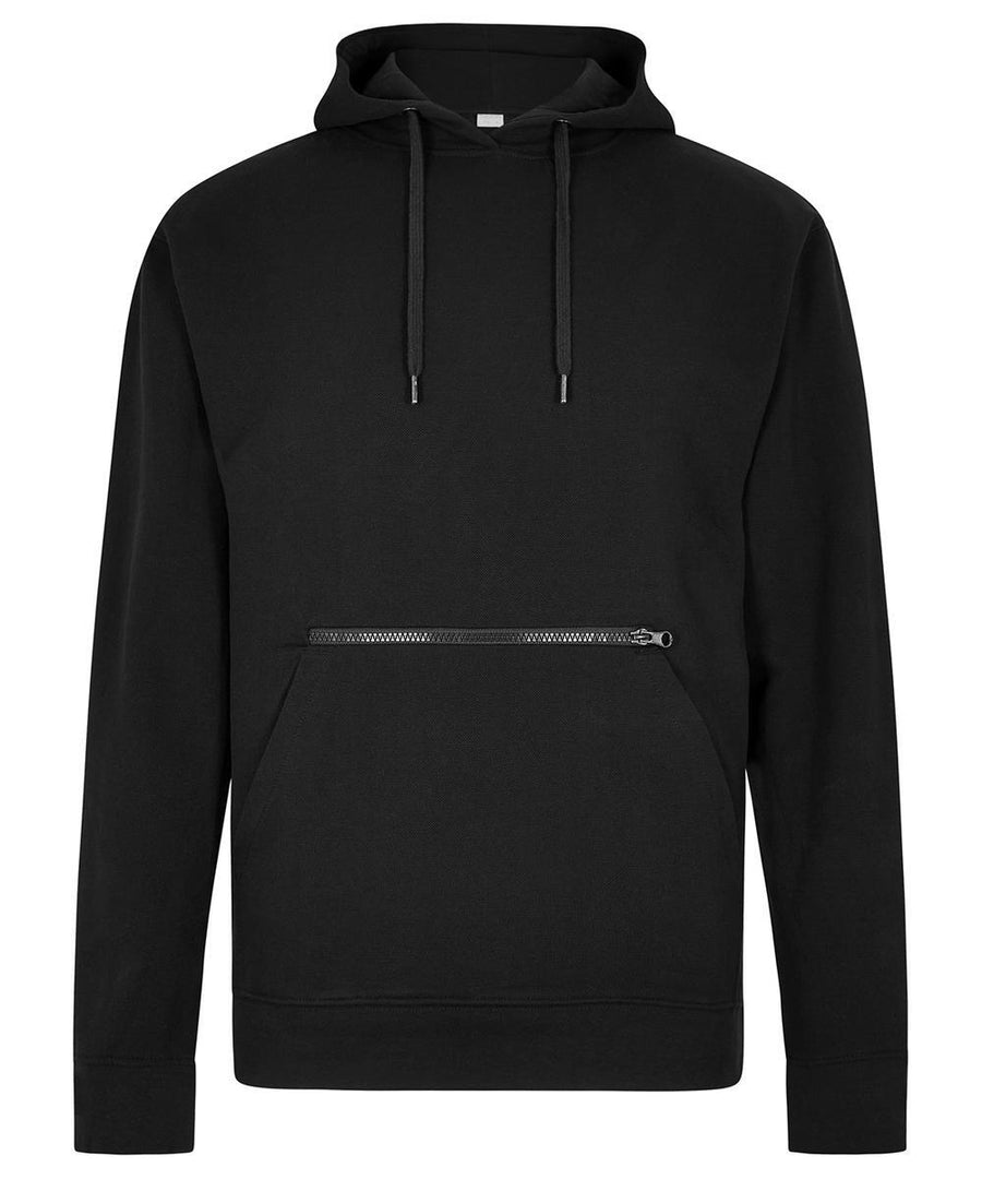The Hoodies product is a black hooded sweatshirt featuring a front kangaroo pocket with a horizontal zip detail, drawstrings, and long sleeves.