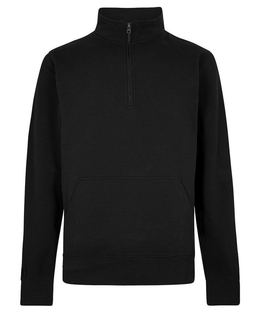 A plain black sweatshirt long-sleeve pullover with a quarter-zip collar and large front kangaroo pocket, shown against a white background.