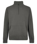 The Sweatshirts product is a plain, dark grey quarter-zip pullover with a stand collar, front zip, long sleeves, and a large front pocket, shown against a white background.
