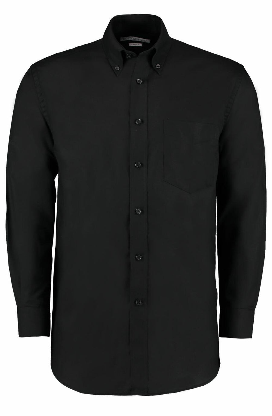 A Kustom Kit KK351 long-sleeve button-up shirt in black, featuring a chest pocket, displayed on a plain white background.