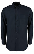 The KK351 by Kustom Kit is a long-sleeved, button-up black shirt featuring a left chest pocket, displayed on a plain white background.