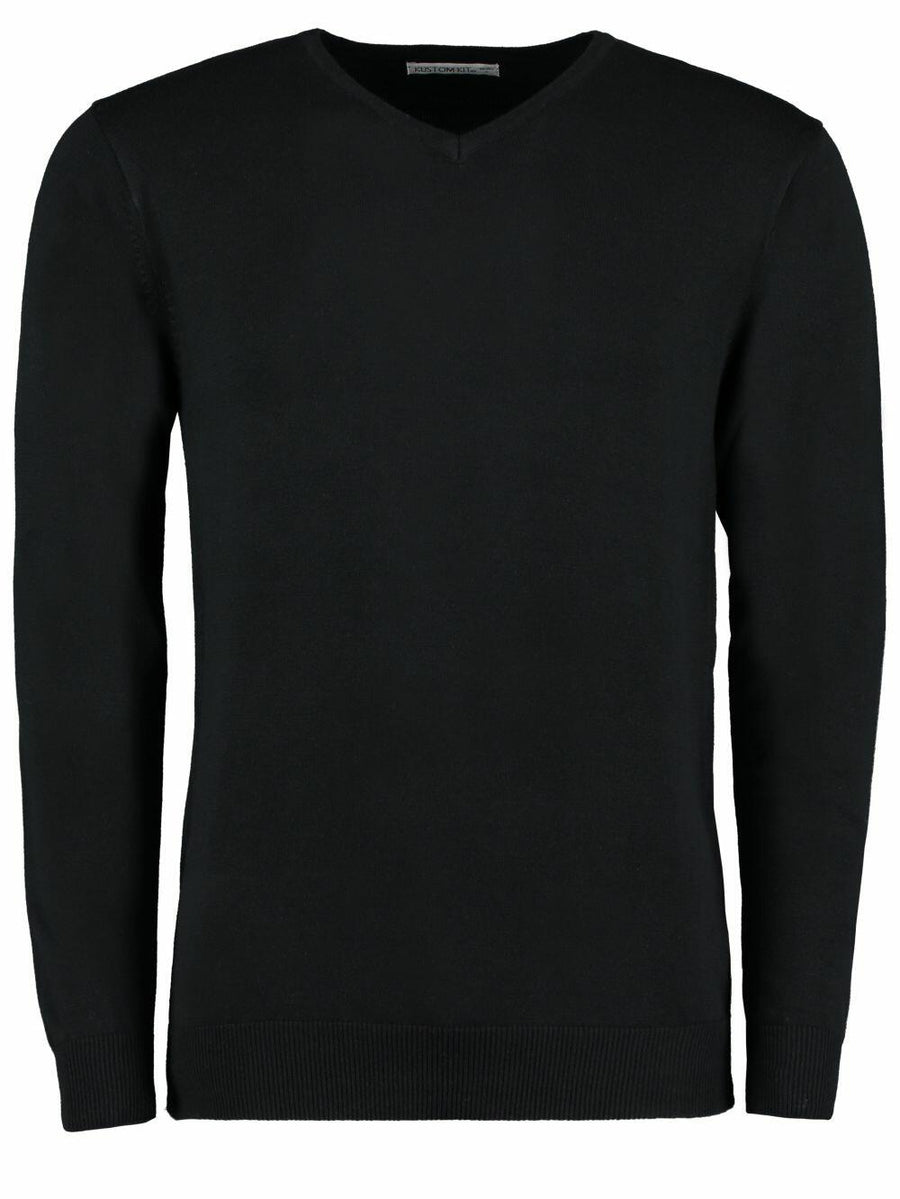The Kustom Kit KK352 is a plain black V-neck sweater with long sleeves.