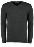 A Kustom Kit KK352 sweater in dark gray with a V-neck and long sleeves, showcased on a plain white background.
