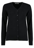 Kustom Kit KK354: A black V-neck cardigan featuring long sleeves and a button-up front.