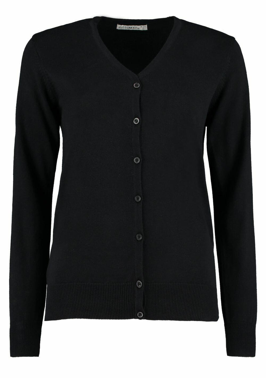 Kustom Kit KK354: A black V-neck cardigan featuring long sleeves and a button-up front.