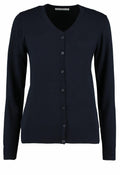 KK354 by Kustom Kit is a navy blue V-neck cardigan featuring long sleeves and front buttons.
