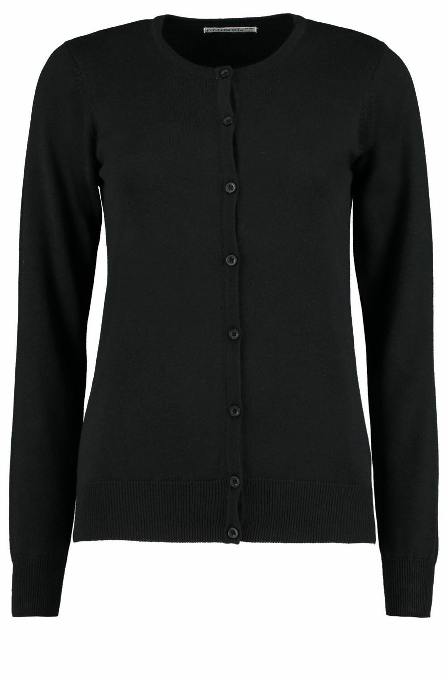 Kustom Kit KK355 cardigan featuring a black button-up design with long sleeves and ribbed cuffs.