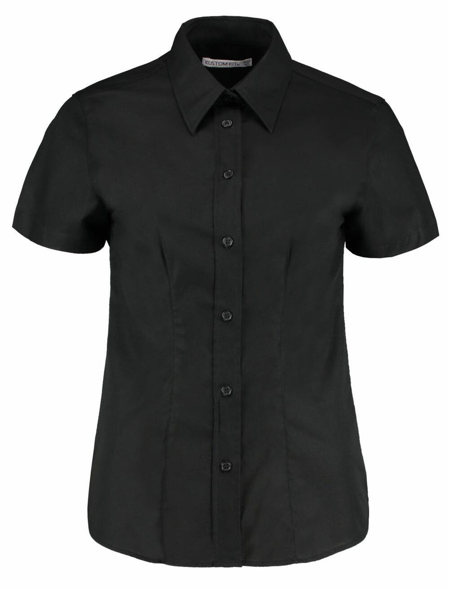 The KK360 by Kustom Kit is a short-sleeved black button-up shirt featuring a pointed collar.