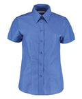 The KK360 by Kustom Kit is a blue short-sleeve button-up shirt featuring a collar and fitted design.