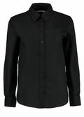 A Kustom Kit KK361 black long-sleeve button-up shirt with a collar is displayed against a plain white background.