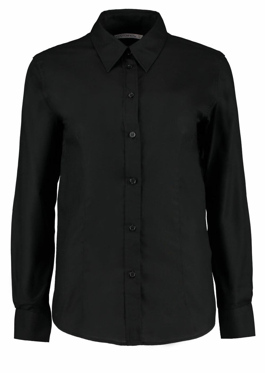 A Kustom Kit KK361 black long-sleeve button-up shirt with a collar is displayed against a plain white background.
