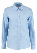 The KK361 by Kustom Kit is a light blue long-sleeve button-up shirt featuring a classic collar, showcased against a white background.