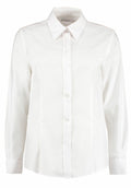 The KK361 by Kustom Kit is a white, long-sleeve button-up shirt featuring a classic collar. It is neatly pressed and displayed against a plain background.