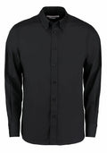 KK386 by Kustom Kit: A black long-sleeve button-up shirt featuring a classic collar, showcased on a plain white background.