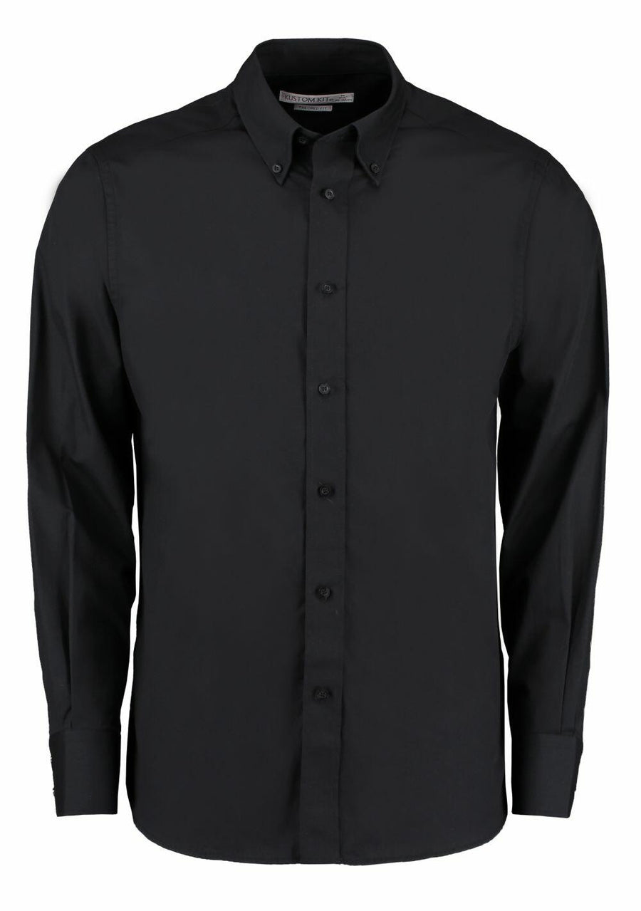KK386 by Kustom Kit: A black long-sleeve button-up shirt featuring a classic collar, showcased on a plain white background.