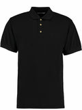 The KK400 is a Kustom Kit polo shirt featuring a plain black design, a buttoned collar, and short sleeves.
