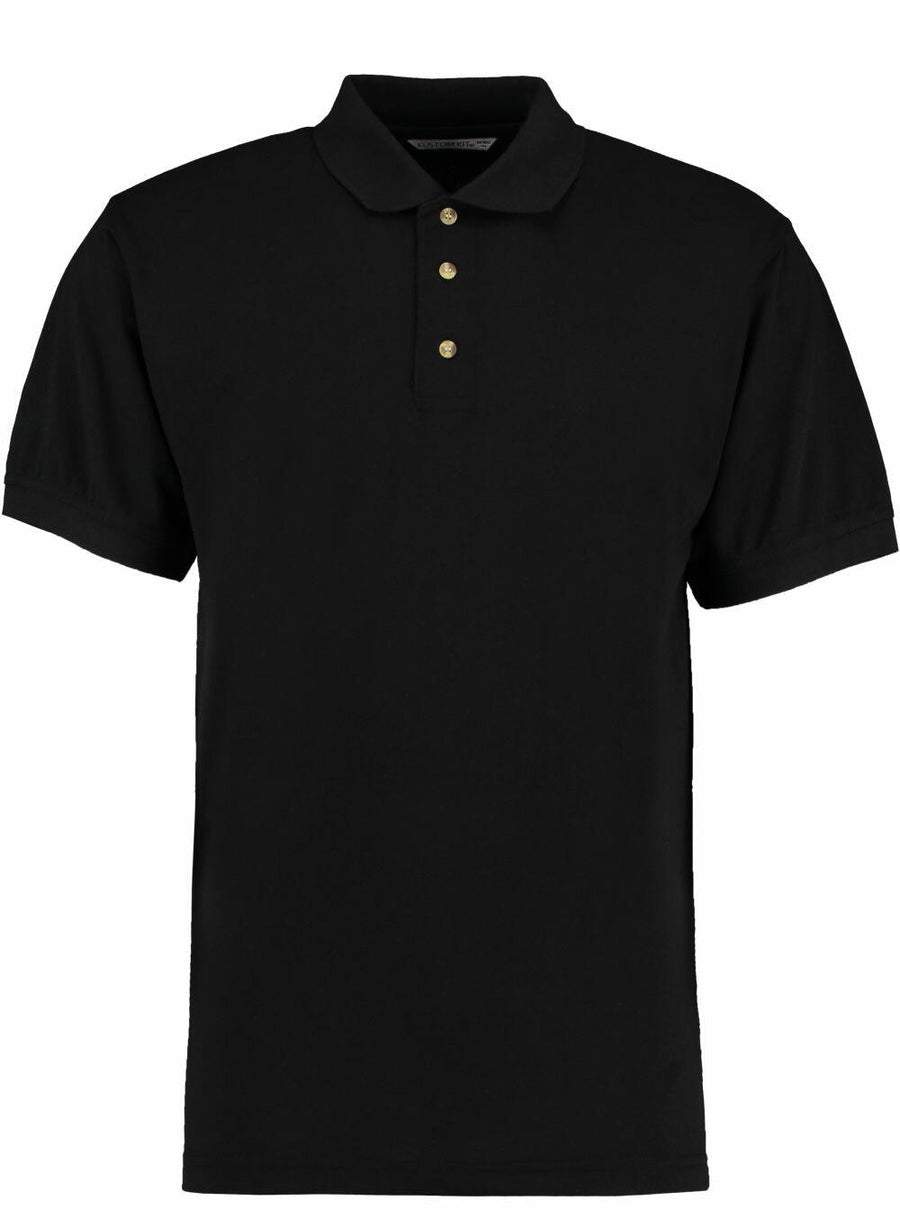 The KK400 is a Kustom Kit polo shirt featuring a plain black design, a buttoned collar, and short sleeves.