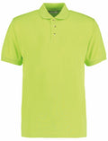 The Kustom Kit KK400 is a neon green polo shirt with short sleeves and a collar. It includes a three-button placket at the neck and showcases a clean, plain design without visible logos or patterns.