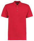 KK400 by Kustom Kit is a plain red polo shirt featuring short sleeves and a three-button collar.