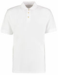 The KK400 by Kustom Kit is a plain white polo shirt featuring a collar and three buttons down the front. It has short sleeves and offers a simple design.