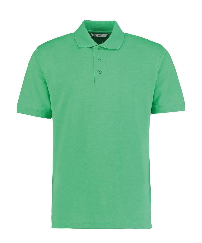 The Kustom Kit KK403 is a green polo shirt with short sleeves, a collar, and a three-button placket, displayed against a plain white background.