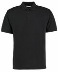 The KK403 by Kustom Kit is a plain black short-sleeve polo shirt featuring a collar and three buttons.