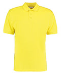 Introducing the KK403 by Kustom Kit: a vibrant yellow polo shirt featuring a classic collar and three-button detail. This short-sleeved design is crafted from smooth, high-quality fabric, ensuring both comfort and style.