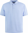 Introducing the KK403 from Kustom Kit: a light blue polo shirt featuring a classic collar with three front buttons, elegantly showcased against a plain white background.