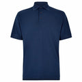The product is the KK403 by Kustom Kit, known for its plain navy blue design featuring a collar with three buttons. The shirt has short sleeves and is crafted from a smooth fabric, presented against a white background.