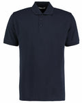 The KK403 by Kustom Kit is a plain black polo shirt featuring short sleeves and a collar. It has a three-button placket and is displayed against a white background.