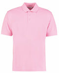 Product Description: The KK403 by Kustom Kit is a plain light pink polo shirt, designed with short sleeves and a collar, featuring a button-up placket with three buttons. It is displayed on a white background.