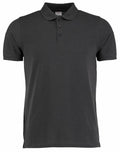 The KK408 by Kustom Kit is a plain black polo shirt featuring short sleeves and a three-button collar.