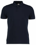 The KK408 by Kustom Kit is a plain black polo shirt featuring short sleeves and a buttoned collar.
