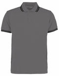 The KK409 by Kustom Kit is a plain gray polo shirt accented with black trim on the collar and sleeves, and it features a buttoned placket in the front.