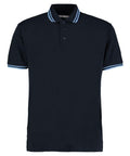 A Kustom Kit KK409 polo shirt in black, accented with light blue stripes on the collar and sleeve edges, featuring a three-button placket.